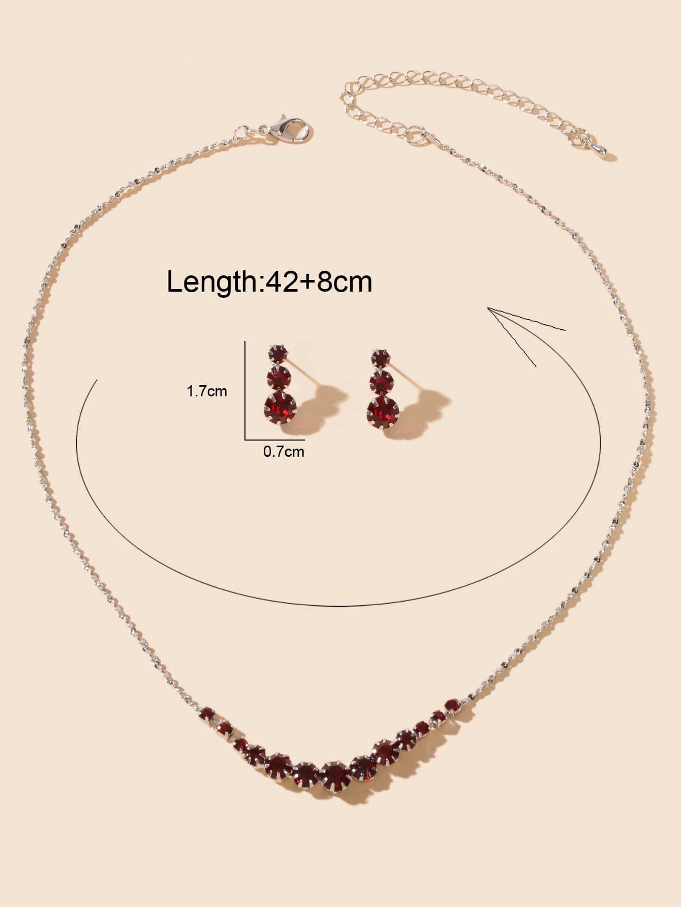 Burgundy Rhinestone Necklace and Winered Earrings Jewelry Set