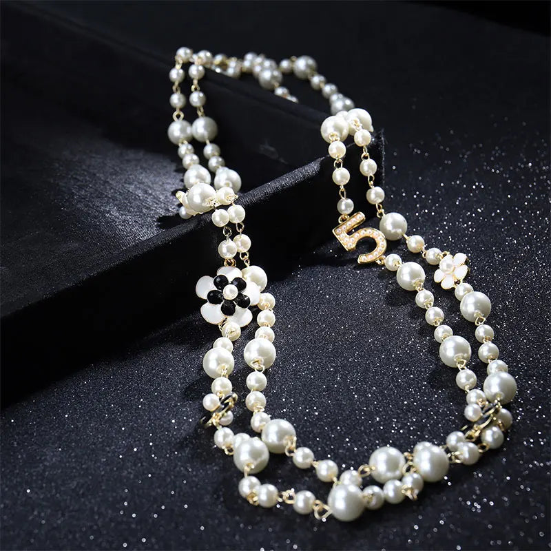long pendants layered Camellia pearl necklace collares de moda flower party jewelry