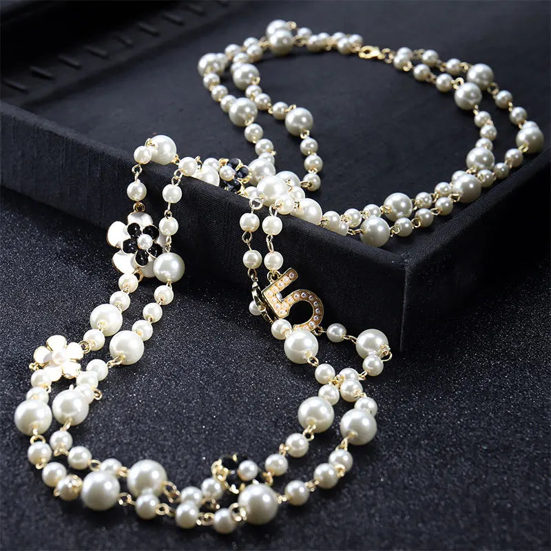 long pendants layered Camellia pearl necklace collares de moda flower party jewelry
