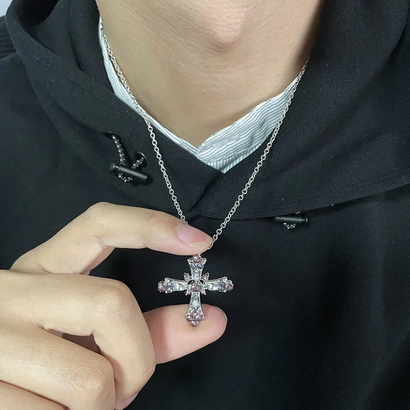 Y2K Fashion Heart Cross Pendant Necklace Pink Crystal Egirl Sweet Cool Clavicle Chain Necklaces Aesthetic Party Jewelry Gifts