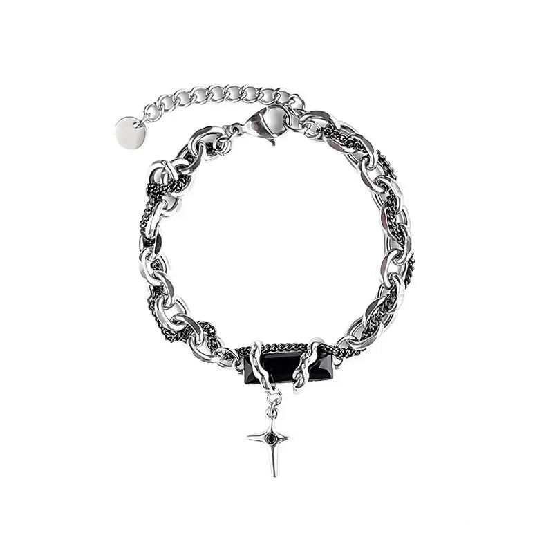 Men Bracelet 2024 Retro Black Zircon Star Chain Women Stainless Steel Punk Bracelets on Hand Unisex Jewelry Couple Accessories