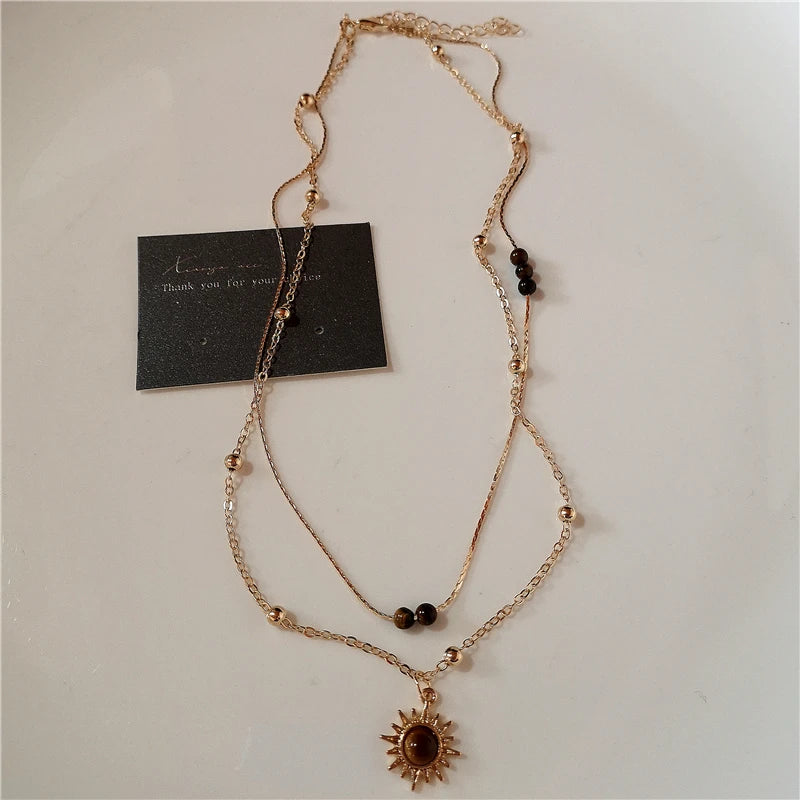 Fashion Retro Beaded Butterfly Metal Y2K Sun Star Opal Pendant Chain Choker Necklace For Women Bohemia Charm Jewelry Accessories
