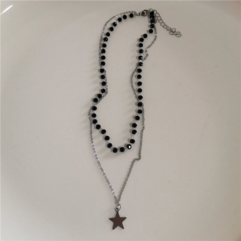 Kpop Goth Vintage Aesthetic Y2K Star Pendant Beaded Silver Color Chain Necklace Women Men Cool Grunge EMO 2000s Jewely Accessory