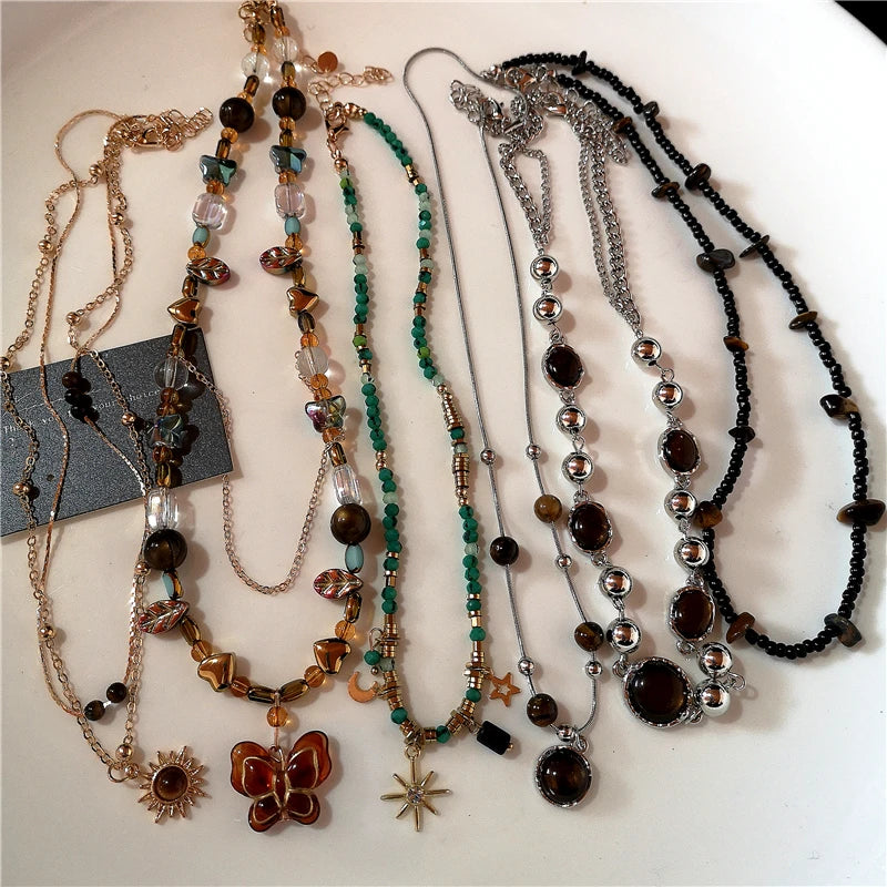 Fashion Retro Beaded Butterfly Metal Y2K Sun Star Opal Pendant Chain Choker Necklace For Women Bohemia Charm Jewelry Accessories