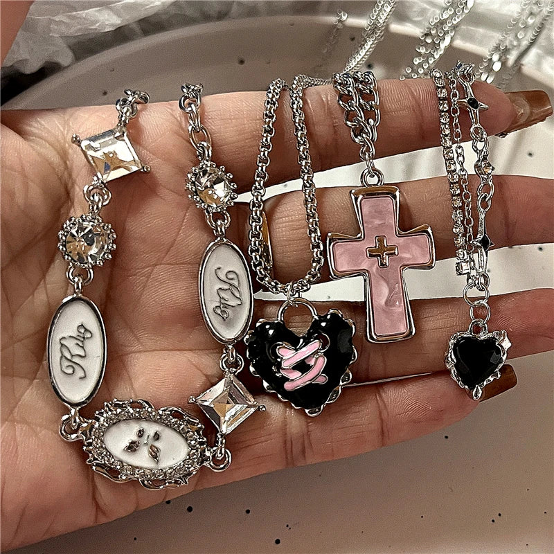 Gothic Punk Fashion Charm Cute Pink Large Cross Pendants Choker Chains Necklace Women Y2K 2000s EMO Grunge Accessories Jewelry