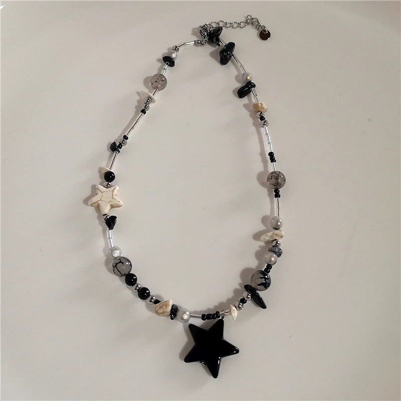 Kpop Goth Vintage Aesthetic Y2K Star Pendant Beaded Silver Color Chain Necklace Women Men Cool Grunge EMO 2000s Jewely Accessory