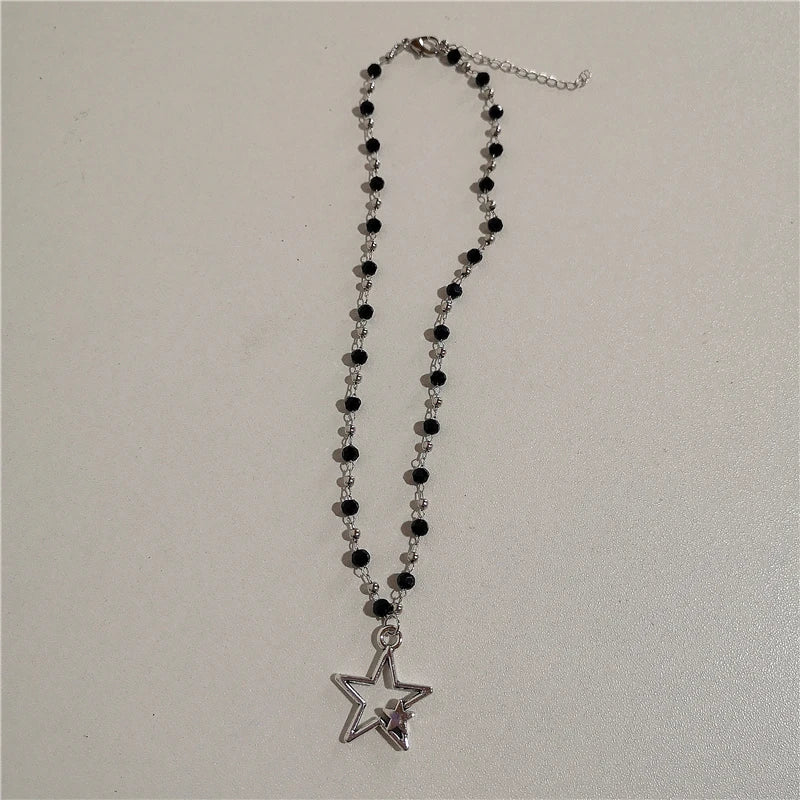 Trendy Vintage Punk Silver Color Star Pendant Bead Necklace for Men Women Street Hip Hop Aesthetic Grunge Jewelry Y2K Accessorie
