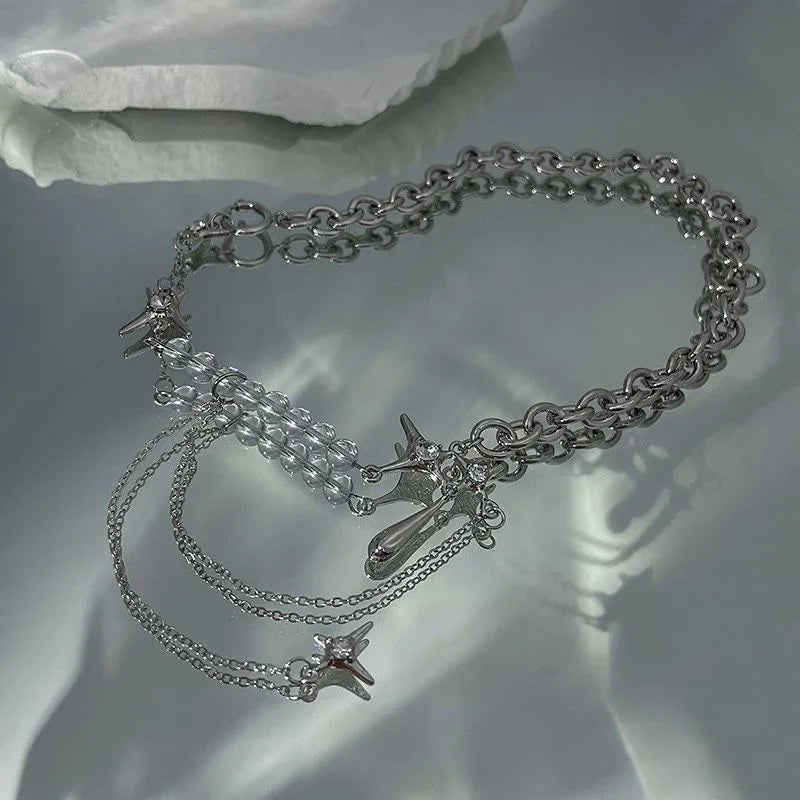 Y2k Irregular Star Chain Necklaces Women's Fashion Transparent Beads Zircon Choker Necklace Kpop Silver Color Summer Jewelry