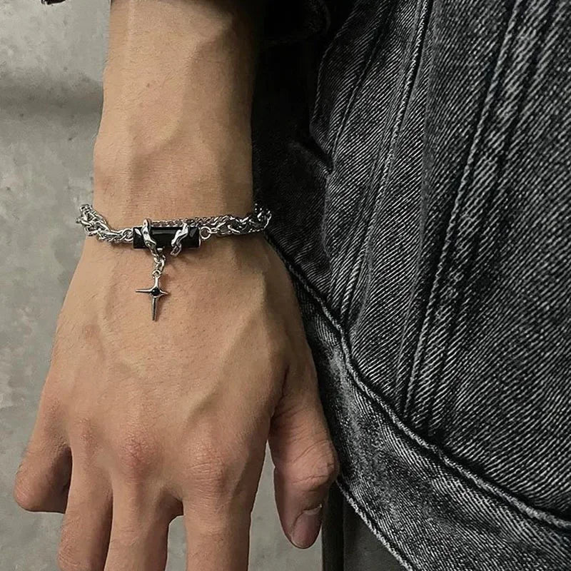 Men Bracelet 2024 Retro Black Zircon Star Chain Women Stainless Steel Punk Bracelets on Hand Unisex Jewelry Couple Accessories