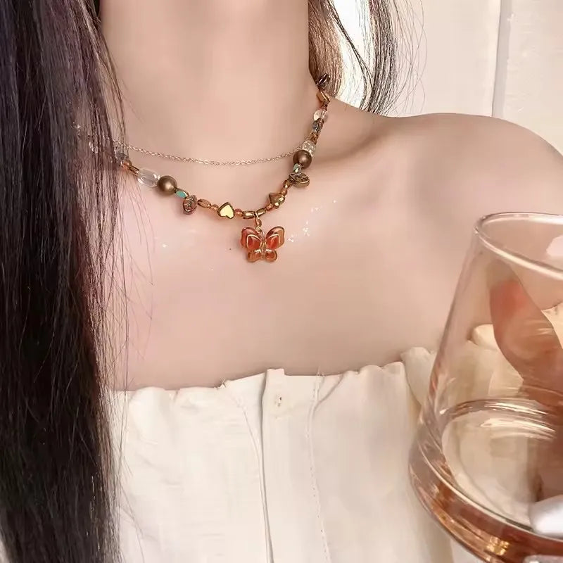 Fashion Retro Beaded Butterfly Metal Y2K Sun Star Opal Pendant Chain Choker Necklace For Women Bohemia Charm Jewelry Accessories
