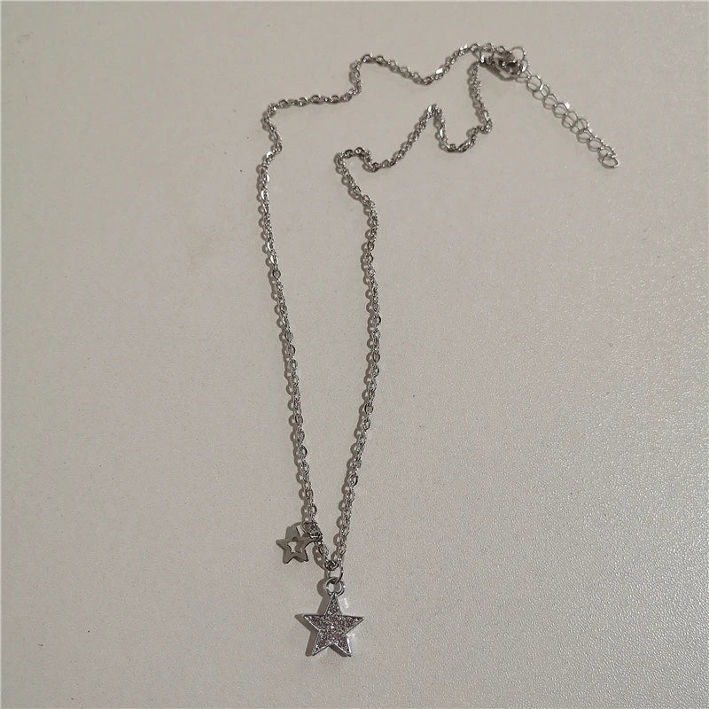 Trendy Vintage Punk Silver Color Star Pendant Bead Necklace for Men Women Street Hip Hop Aesthetic Grunge Jewelry Y2K Accessorie