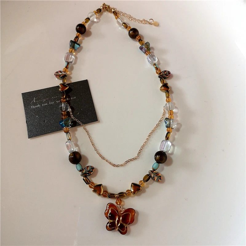 Fashion Retro Beaded Butterfly Metal Y2K Sun Star Opal Pendant Chain Choker Necklace For Women Bohemia Charm Jewelry Accessories