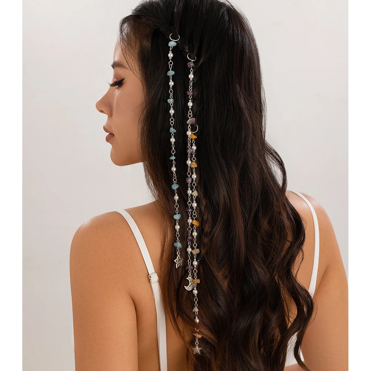 Ingemark Personality Ethnic Style Braided Hair Ring Tassel For Women Imitation Pearl Star Butterfly Moon Pendant Hair Jewelry