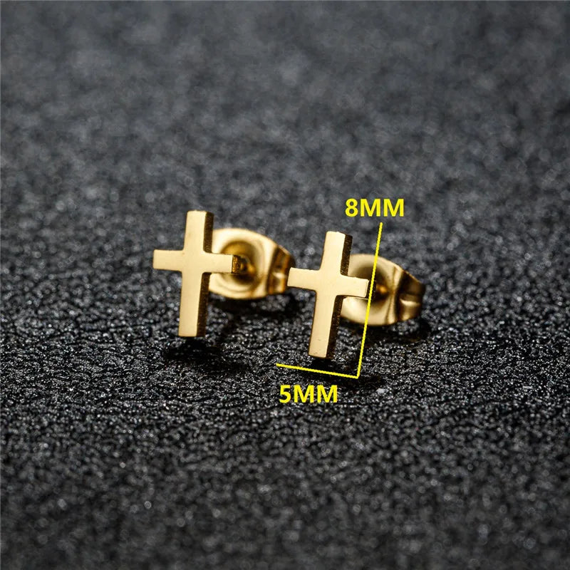 Tiny Stainless Steel Geometric Stud Earrings for Women Minimalist Round Star Moon Ear Studs Cross Heart Earings Punk Pendientes