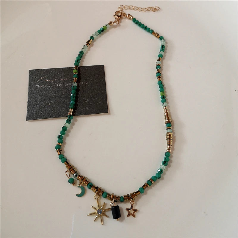 Fashion Retro Beaded Butterfly Metal Y2K Sun Star Opal Pendant Chain Choker Necklace For Women Bohemia Charm Jewelry Accessories