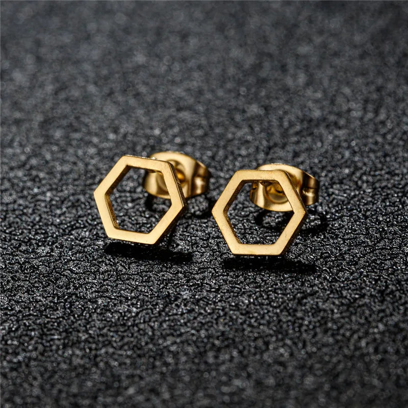 Tiny Stainless Steel Geometric Stud Earrings for Women Minimalist Round Star Moon Ear Studs Cross Heart Earings Punk Pendientes