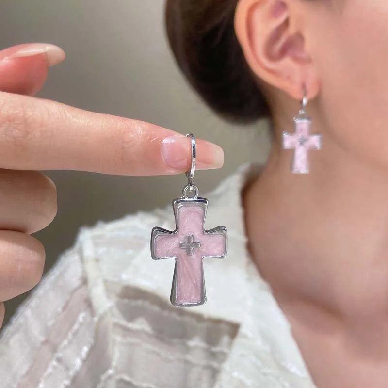 Vintage Punk Pink Crystal Cross Drop Earrings For Women Gothic Hip Hop Cross Star Charms Earrings Y2K Aesthetic Jewelry