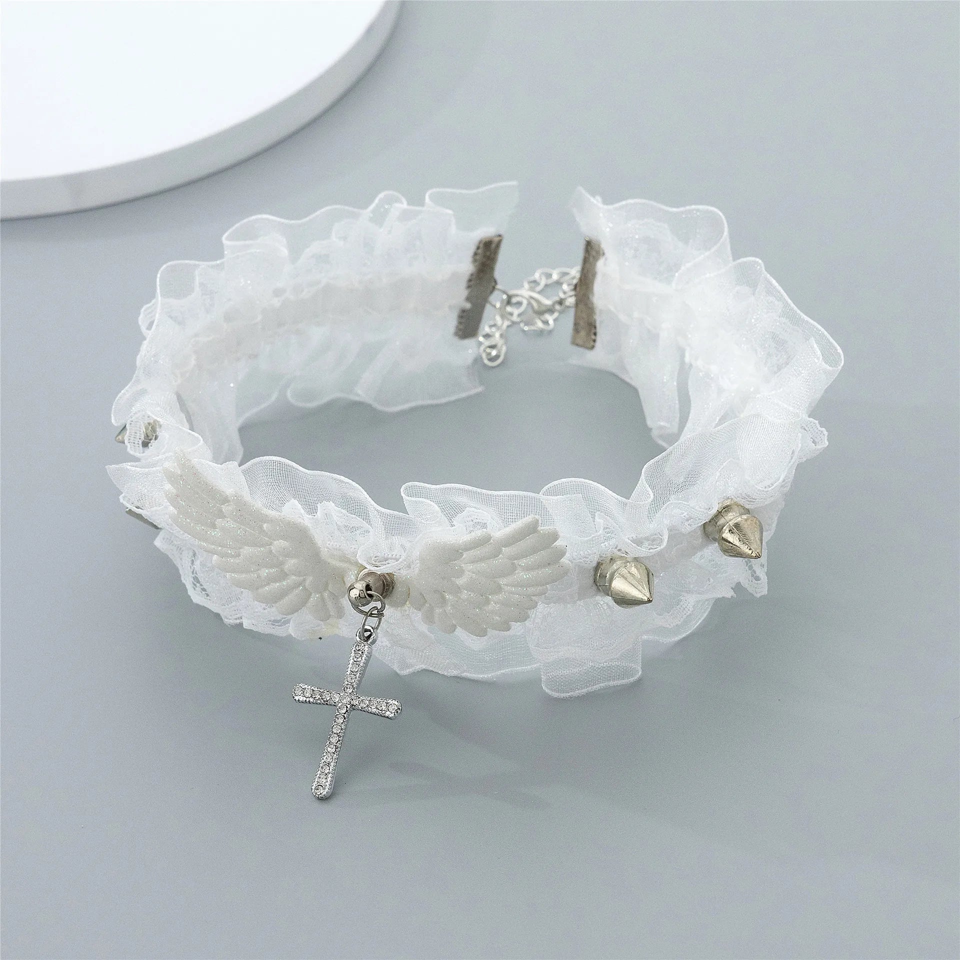 Fashion Solid Color Women Girls Necklace Wide Lace Rivets Lolita Lace Choker Y2K Angel Wings Cool Leather Necklace Daily Wear