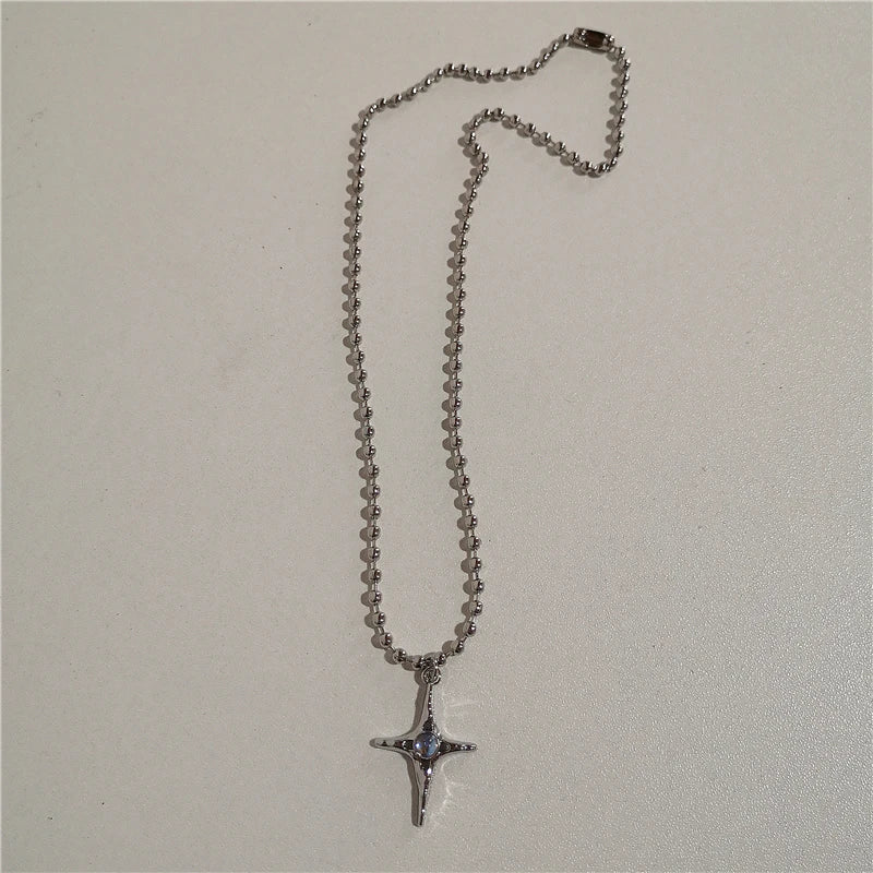 Trendy Vintage Punk Silver Color Star Pendant Bead Necklace for Men Women Street Hip Hop Aesthetic Grunge Jewelry Y2K Accessorie
