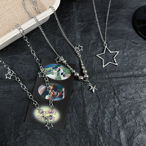 3Pcs/Set Vintage Silver Color Star OT Buckle Pendant Choker Necklace for Women Goth CCB Beads Chain Aesthetic Jewelry Gift New