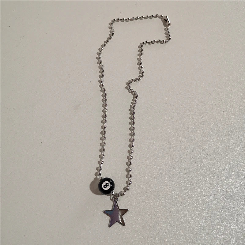 Trendy Vintage Punk Silver Color Star Pendant Bead Necklace for Men Women Street Hip Hop Aesthetic Grunge Jewelry Y2K Accessorie