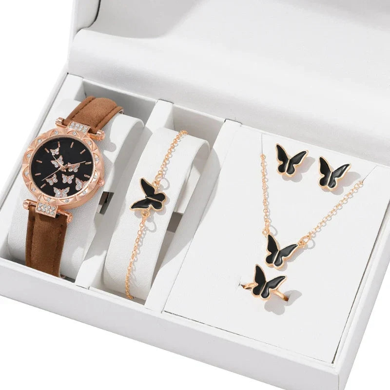 Butterfly Jewelry Set Watch Necklace Earrings Bracelet (Brown)