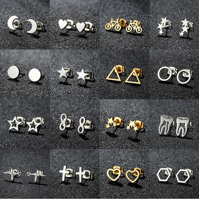 Tiny Stainless Steel Geometric Stud Earrings for Women Minimalist Round Star Moon Ear Studs Cross Heart Earings Punk Pendientes