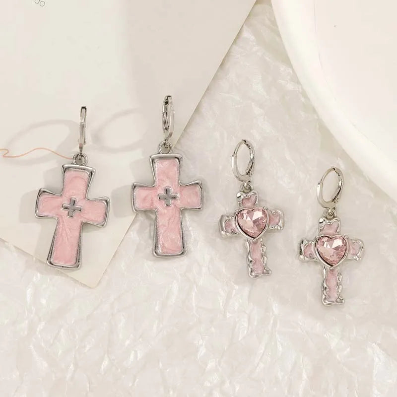 Vintage Punk Pink Crystal Cross Drop Earrings For Women Gothic Hip Hop Cross Star Charms Earrings Y2K Aesthetic Jewelry