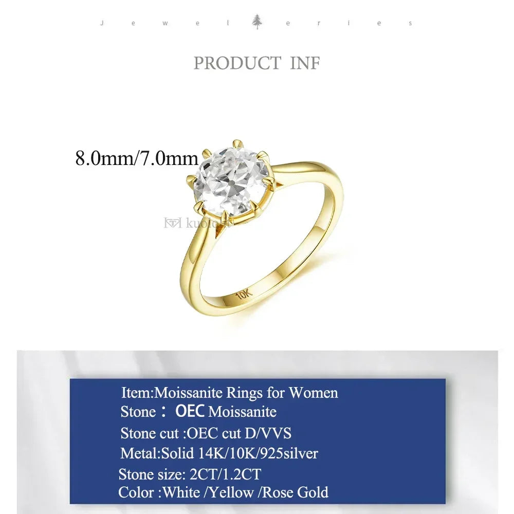 Kuololit 2CT OEC Moissanite 585 14K 10K Yellow Gold Rings for Women Solitaire Luxury Ring for Engagement Wedding Christmas Gifts