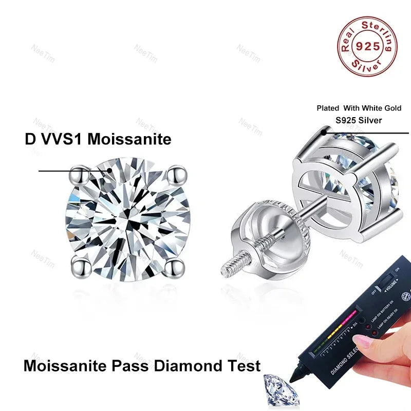 NeeTim 2 Carat Moissanite Earrings Studs for Women Men Screw Thread Ear Stud 925 Solid Silver With White Gold Plated Jewelry