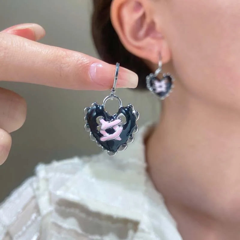 Vintage Punk Pink Crystal Cross Drop Earrings For Women Gothic Hip Hop Cross Star Charms Earrings Y2K Aesthetic Jewelry