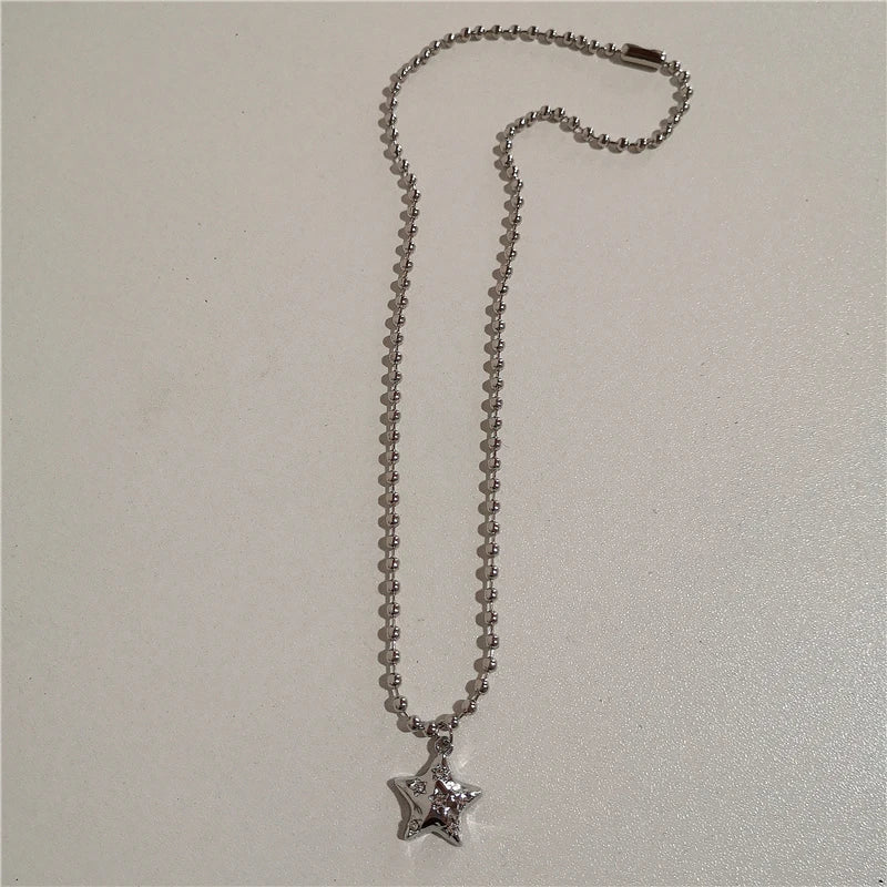 Trendy Vintage Punk Silver Color Star Pendant Bead Necklace for Men Women Street Hip Hop Aesthetic Grunge Jewelry Y2K Accessorie