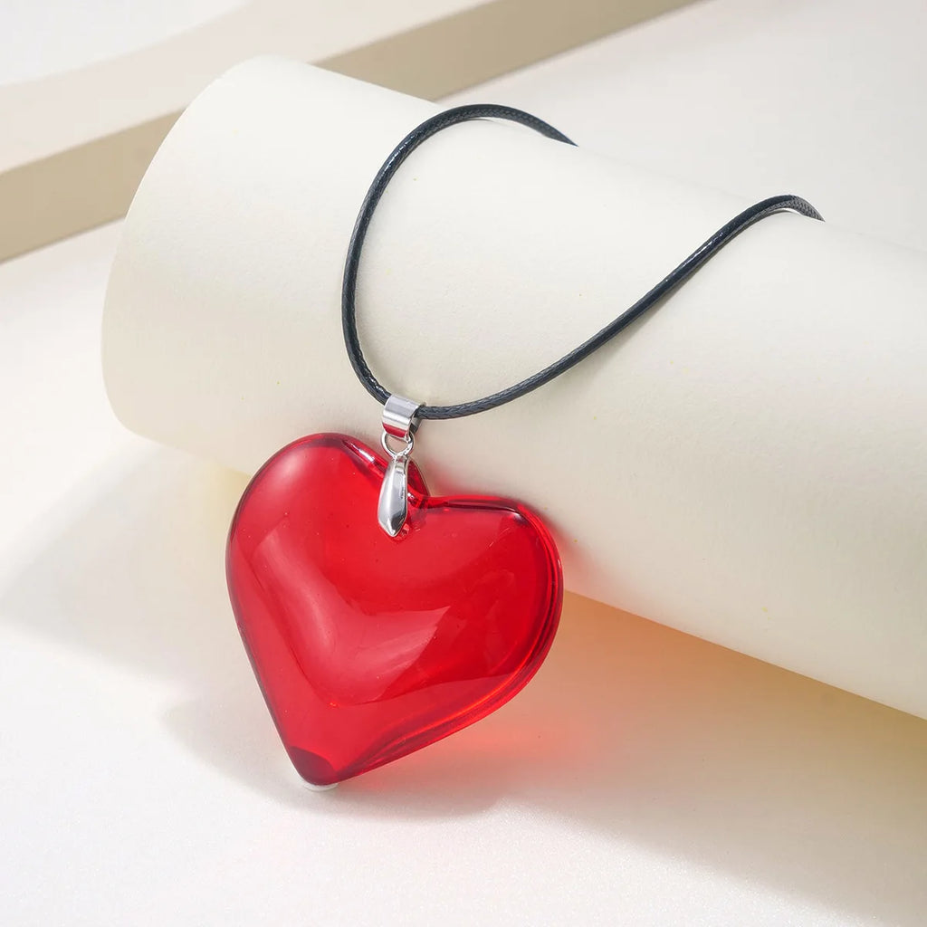 Colorful Big Heart Shape Pendant Necklace Simple Transparent Glass Puffy Love Heart Beaded Clavicle Chain Necklace BigLove Heart