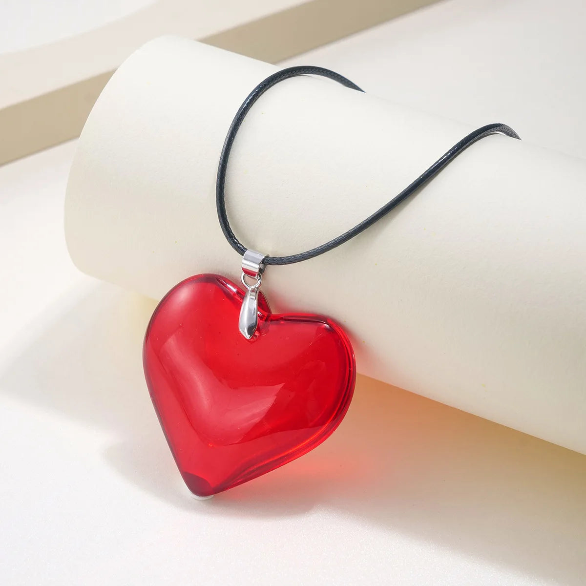 Colorful Big Heart Shape Pendant Necklace Simple Transparent Glass Puffy Love Heart Beaded Clavicle Chain Necklace BigLove Heart
