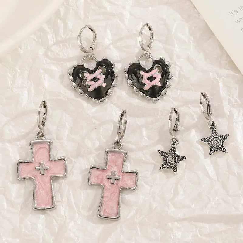 Vintage Punk Pink Crystal Cross Drop Earrings For Women Gothic Hip Hop Cross Star Charms Earrings Y2K Aesthetic Jewelry