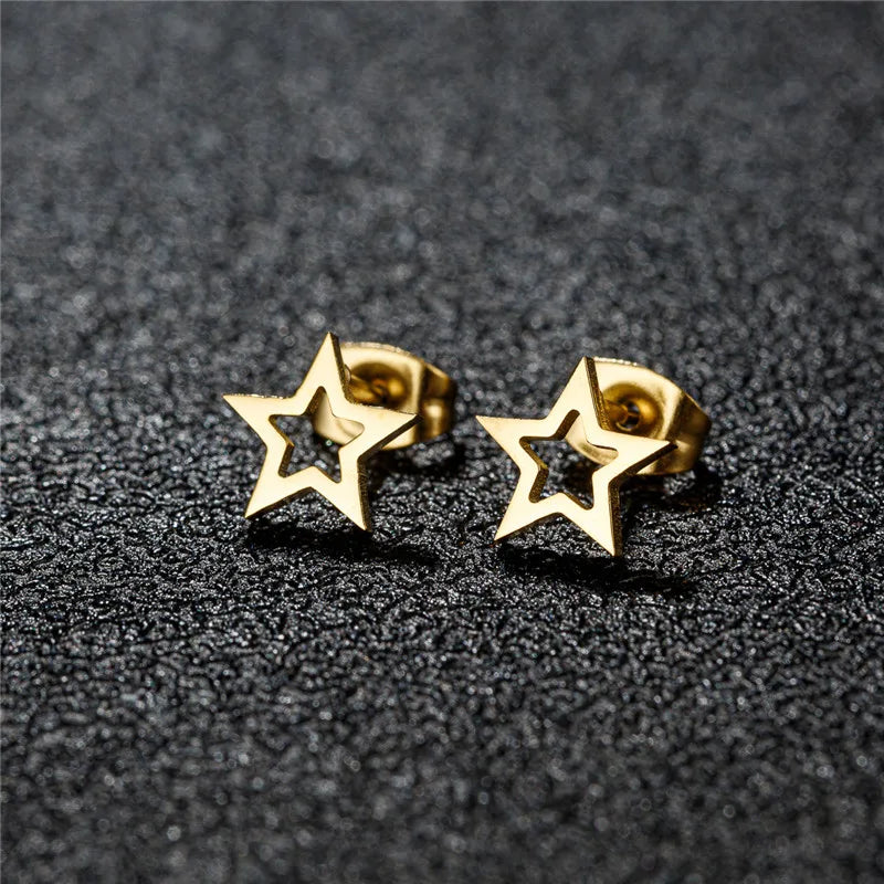 Tiny Stainless Steel Geometric Stud Earrings for Women Minimalist Round Star Moon Ear Studs Cross Heart Earings Punk Pendientes