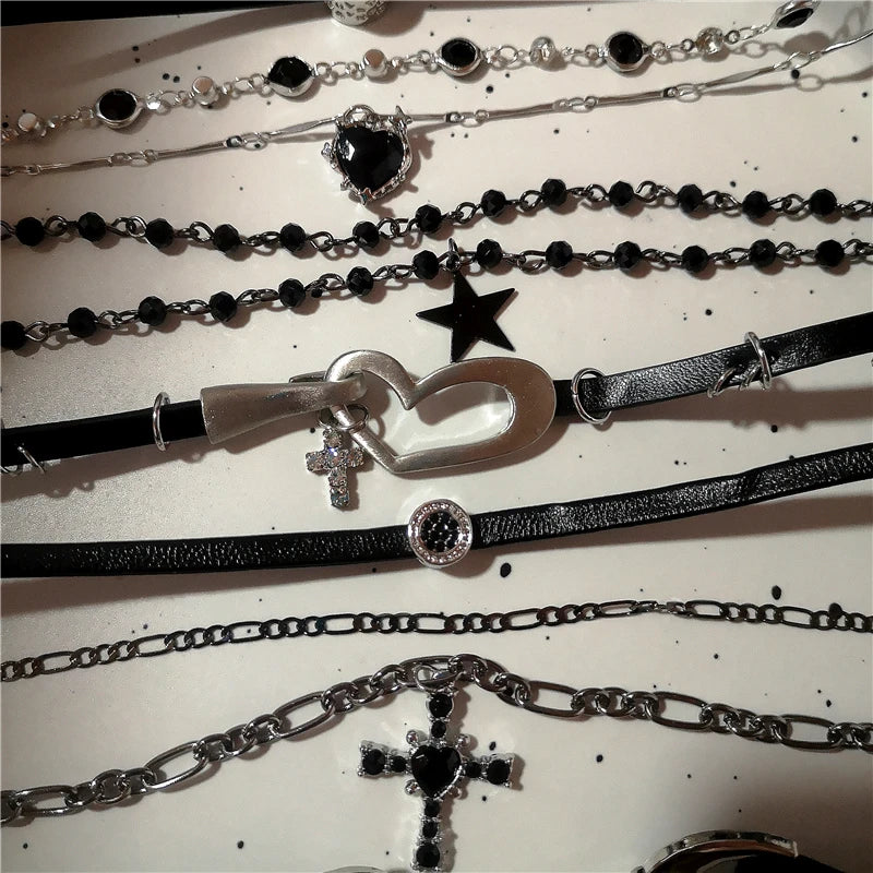Goth Y2K Vintage Black Heart Cross Pendant Chain Choker Necklace For Men Women Hip Hop Rock Punk 90s Grunge Jewelry Accessories