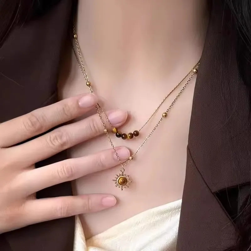 Fashion Retro Beaded Butterfly Metal Y2K Sun Star Opal Pendant Chain Choker Necklace For Women Bohemia Charm Jewelry Accessories