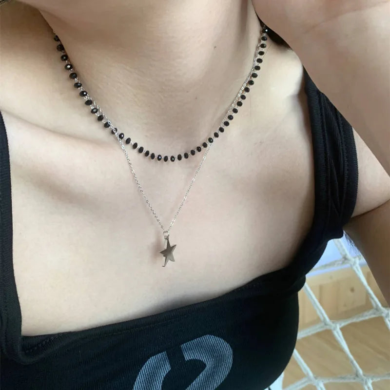 Kpop Goth Vintage Aesthetic Y2K Star Pendant Beaded Silver Color Chain Necklace Women Men Cool Grunge EMO 2000s Jewely Accessory