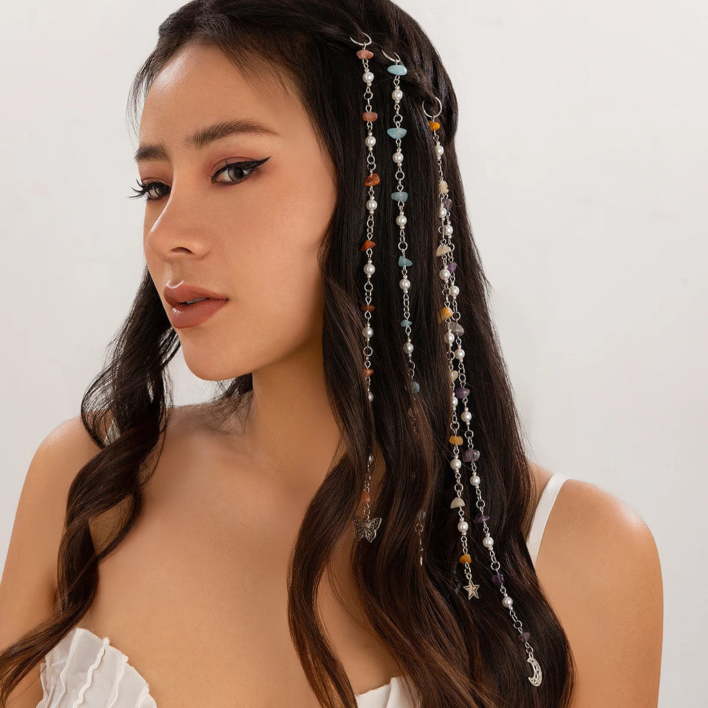 Ingemark Personality Ethnic Style Braided Hair Ring Tassel For Women Imitation Pearl Star Butterfly Moon Pendant Hair Jewelry