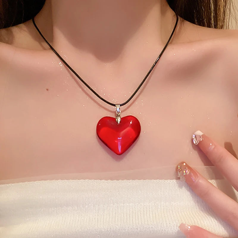 Colorful Big Heart Shape Pendant Necklace Simple Transparent Glass Puffy Love Heart Beaded Clavicle Chain Necklace BigLove Heart