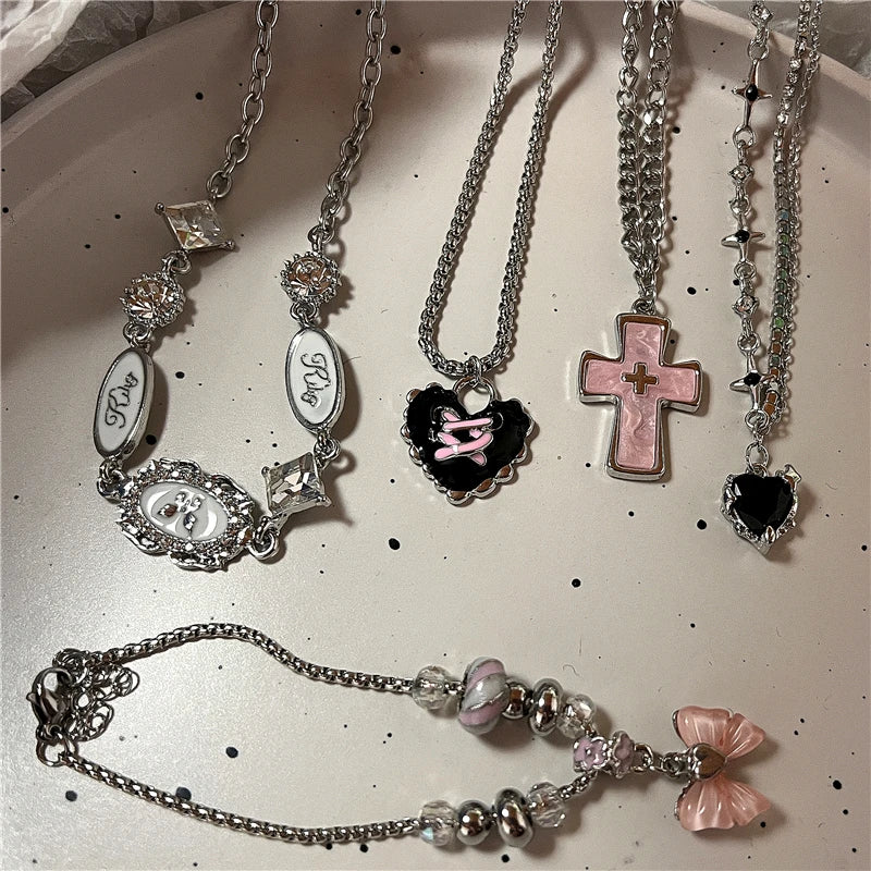 Gothic Punk Fashion Charm Cute Pink Large Cross Pendants Choker Chains Necklace Women Y2K 2000s EMO Grunge Accessories Jewelry