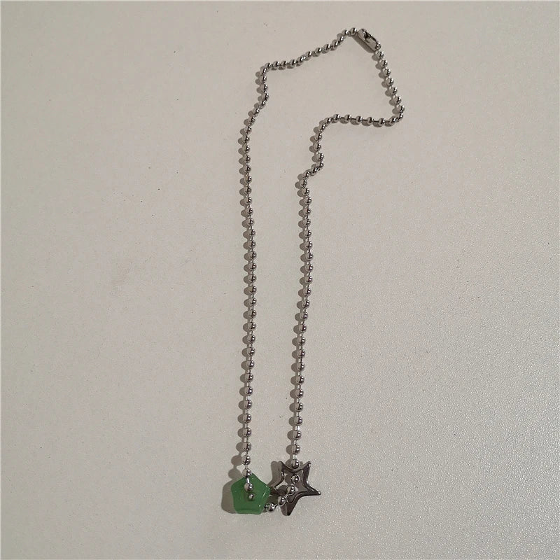 Trendy Vintage Punk Silver Color Star Pendant Bead Necklace for Men Women Street Hip Hop Aesthetic Grunge Jewelry Y2K Accessorie