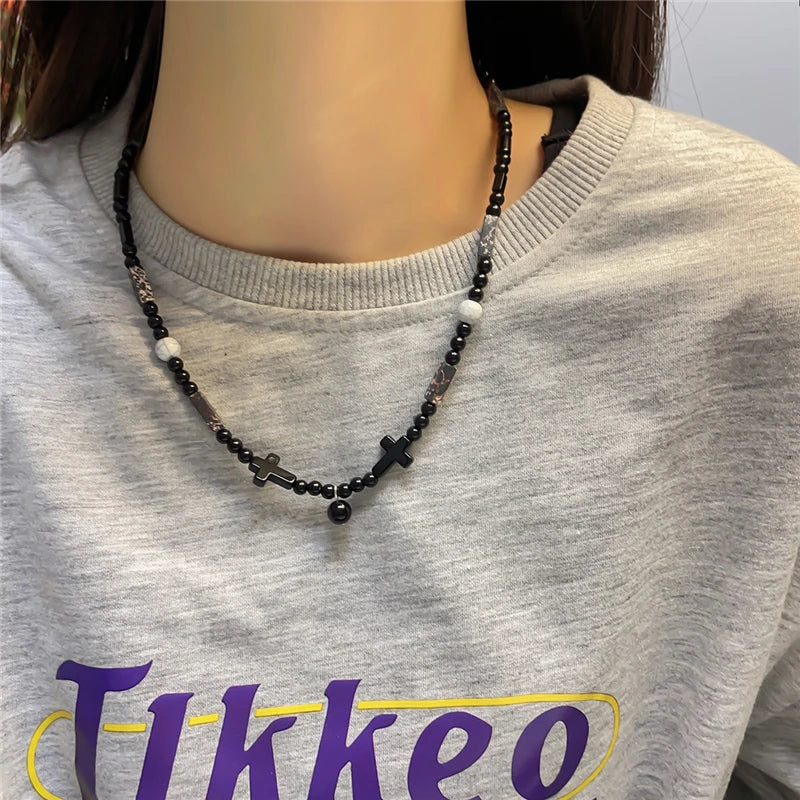 Kpop Goth Vintage Aesthetic Y2K Star Pendant Beaded Silver Color Chain Necklace Women Men Cool Grunge EMO 2000s Jewely Accessory
