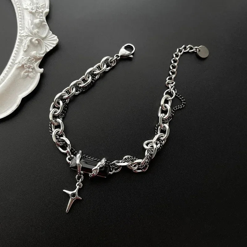Men Bracelet 2024 Retro Black Zircon Star Chain Women Stainless Steel Punk Bracelets on Hand Unisex Jewelry Couple Accessories