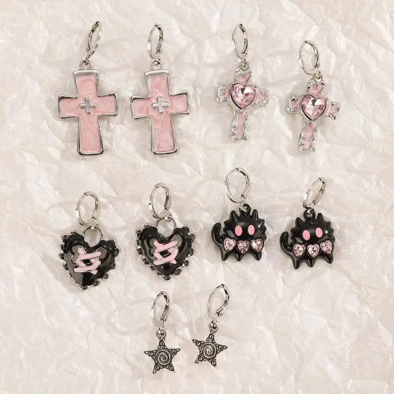 Vintage Punk Pink Crystal Cross Drop Earrings For Women Gothic Hip Hop Cross Star Charms Earrings Y2K Aesthetic Jewelry