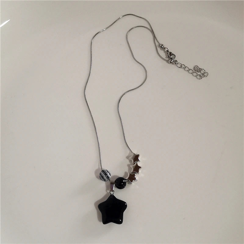 Kpop Goth Vintage Aesthetic Y2K Star Pendant Beaded Silver Color Chain Necklace Women Men Cool Grunge EMO 2000s Jewely Accessory