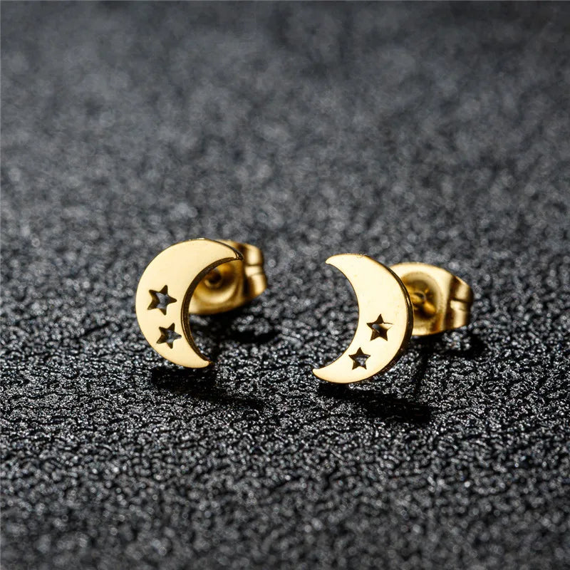Tiny Stainless Steel Geometric Stud Earrings for Women Minimalist Round Star Moon Ear Studs Cross Heart Earings Punk Pendientes