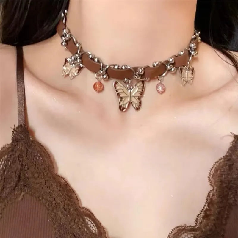 Fashion Retro Beaded Butterfly Metal Y2K Sun Star Opal Pendant Chain Choker Necklace For Women Bohemia Charm Jewelry Accessories