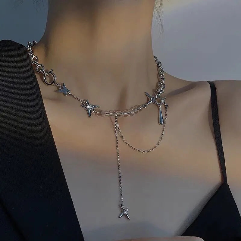 Y2k Irregular Star Chain Necklaces Women's Fashion Transparent Beads Zircon Choker Necklace Kpop Silver Color Summer Jewelry